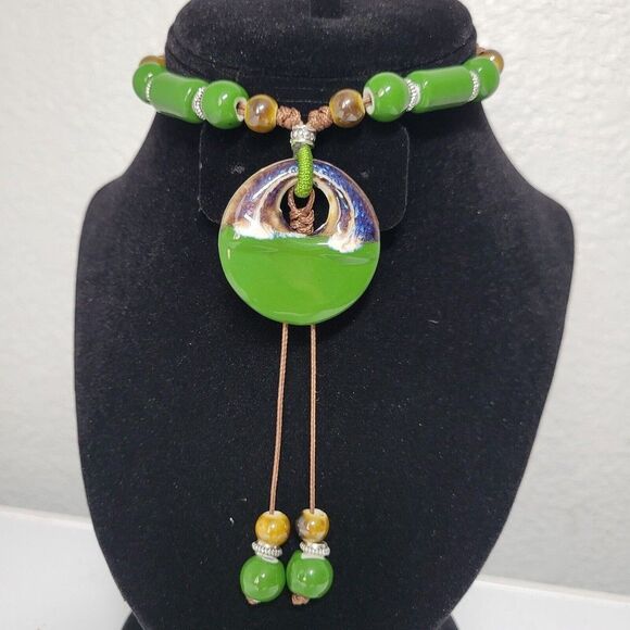 Green Ethnic Necklace Ceramic Beads Adjustable Fashion Necklace Bohemian tassel - Picture 7 of 9